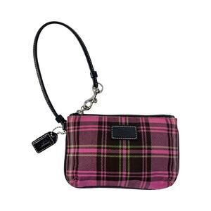 Coach Pink Plaid Tartan Wristlet Black Trim Fabric Zip Pouch Fob Leatherware